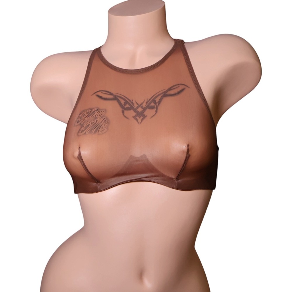 Savage X Fenty Sheer Tattoo Mesh Racerback Bralette Brown 32A‎ NWT